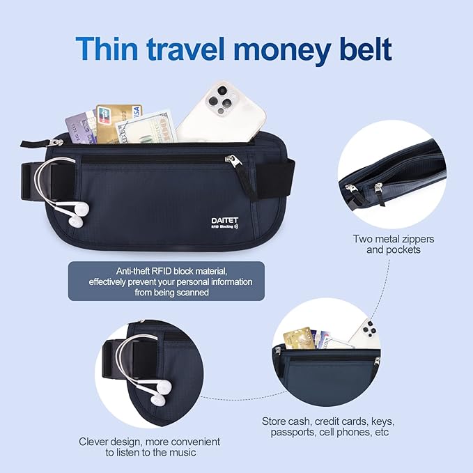 RFID Blocking Money Belt for Men Women, Slim Fanny Pack for Travel，Running,Conceal Waist Wallet for Passport Holder,Phone,Cash(Black Dark Blue)