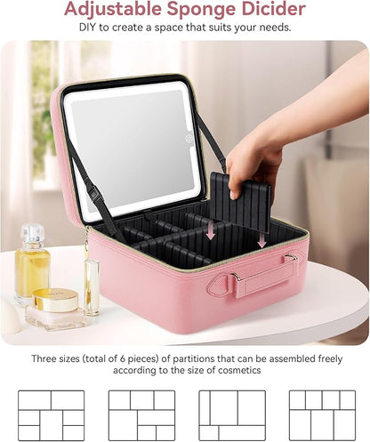 JUSRON Travel Makeup Bag With LED Mirror, Train Case with Light up Mirror, Portable Makeup Artist Organizer Bag with Adjustable Dividers, Makeup Brush Holder Storage (Pink, Large)