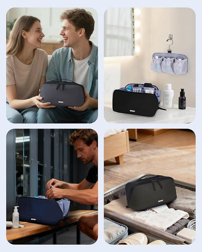 WANDF Toiletry Bag for Men, PU Leather Travel Organizer with Detachable Waterproof Hanging Pouch, Open-Flat Dopp Kit Shaving Bag with Wet Pocket for Travel Toiletries Accessories (Black)