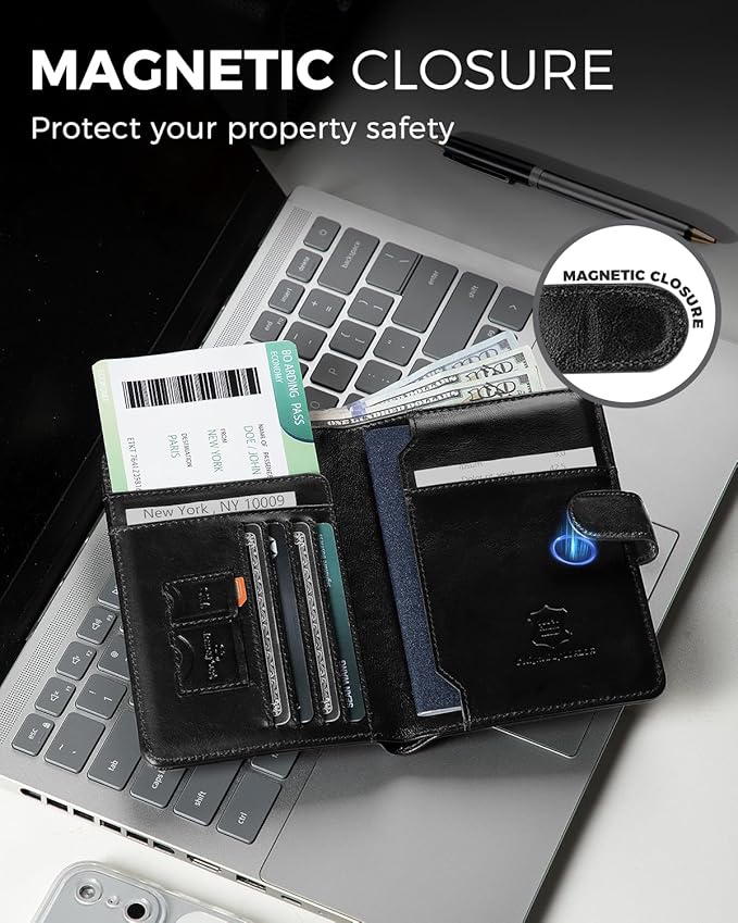 LORZOR Passport Holder for Travel: Full Grain Leather Passport Cover with Airtag Holder Magnetic Buckle for Men - RFID Blocking Bifold Wallet for Air Ticket Card Cash Coin (Black)