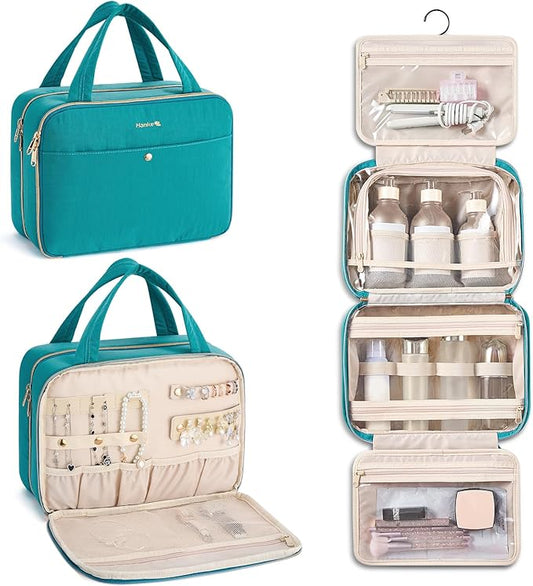 Hanke Hanging Travel Toiletry Bag for Women with Jewelry Organizer Compartment, Travel Essentials Toiletries and Makeup Bag, Water-Resistant & Stain-Resistant with Trolley Strap (Turquoise Green)