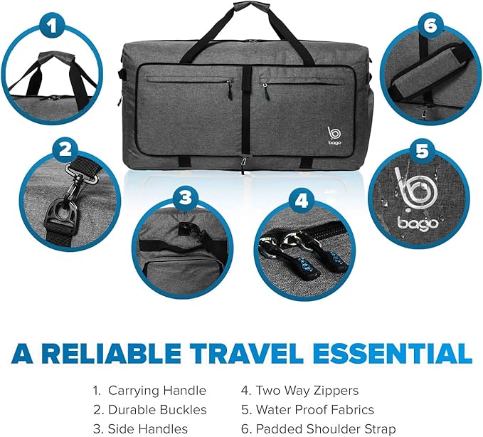 Bago Large Foldable Duffel Bags for Traveling Women & Men - 100L Packable Duffle Bag for Travel with Shoe Compartment - Water Repellant, Heavy Duty, Lightweight Folding & Collapsible (SnowBlack)