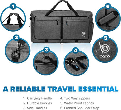 Bago Large Foldable Duffel Bags for Traveling Women & Men - 100L Packable Duffle Bag for Travel with Shoe Compartment - Water Repellant, Heavy Duty, Lightweight Folding & Collapsible (SnowBlack)