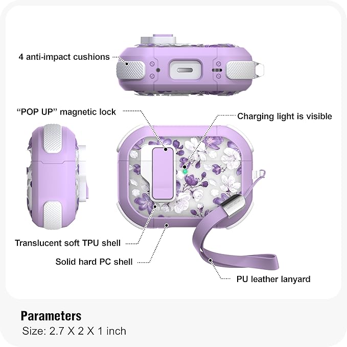 Wenew Case for AirPods Pro & Pro 2 Case Cover Secure Lock Automatic Snap Switch Clip Cleaner Kit Lanyard Women Stylish Armor Full Body Hard Shell Front LED Visible (Purple flower, AirPods Pro & Pro 2)