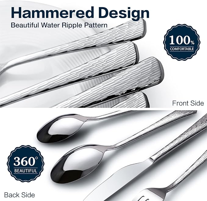 KINGSTONE Hammered Silverware Set, Flatware Set, 18/10 Stainless Steel Premium Cutlery with Unique Ripple Handles Design Mirror Polished - Dishwasher Safe (30-Piece)