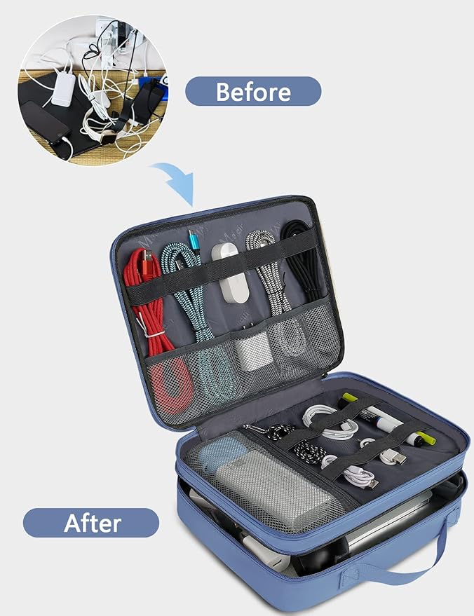 MATEIN Electronics Organizer, Cable Organizer Bag Electronic Accessories Case with Handle for Cable, Cord, Tablet, Charger, Phone, Double Layers Tech Case Travel Gifts for Men and Women, Blue
