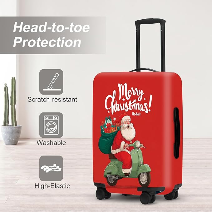 Santa on Scooter Luggage Cover - Christmas Riding Green Scooter with Gifts, Whimsical Modern Holiday Design for 32 34 Inch Travel