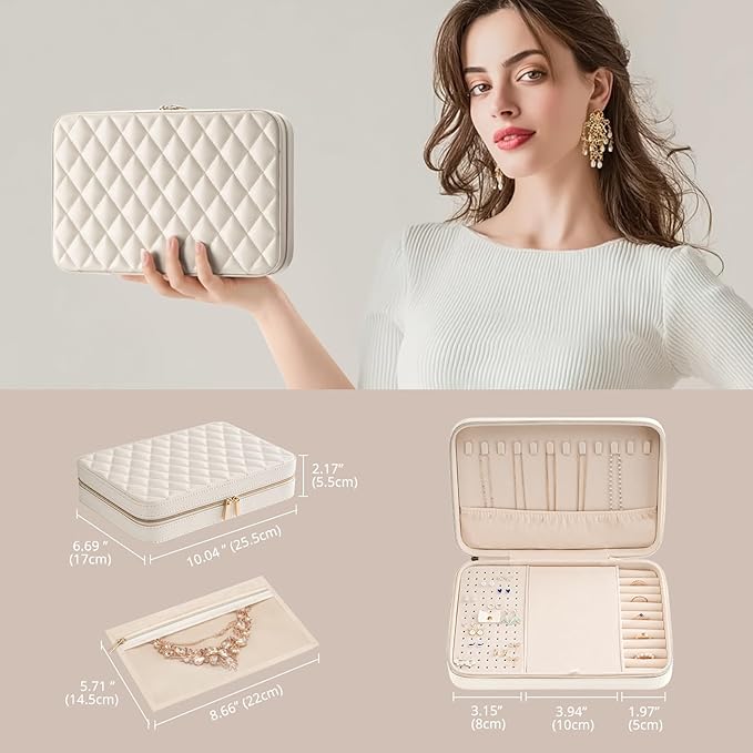 Lolalet Travel Jewelry Case for Women Girls, Travel Jewelry Organizer Box with Mirror & Clear Storage Bag, Small Portable Earring Necklace Bracelet Ring Case, Birthday Christmas Gifts -Large, White