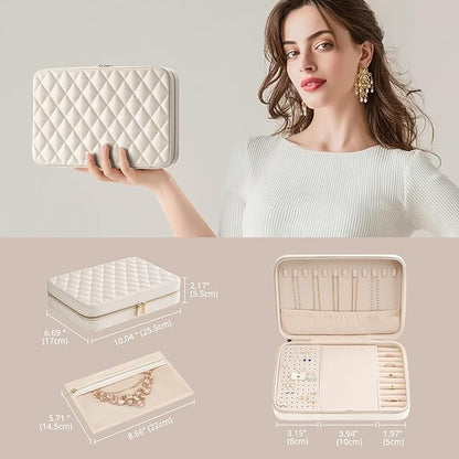 Lolalet Travel Jewelry Case for Women Girls, Travel Jewelry Organizer Box with Mirror & Clear Storage Bag, Small Portable Earring Necklace Bracelet Ring Case, Birthday Christmas Gifts -Large, White