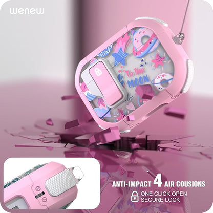 WENEW Case for AirPods Pro & Pro 2 Case Cover Secure Lock Snap Switch Clip Cleaner Kit Lanyard Women Stylish Universe Moon Full Body Hard Shell Front LED Visible (Pink Universe, AirPods Pro & Pro 2)