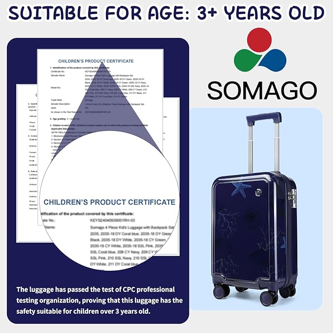 Somago 4 Piece Kid's Luggage with Backpack Set for Boys Girls Spinner 18" Hardside PC Rolling Carry on Suitcase with TSA Lock (Seashell Navy)