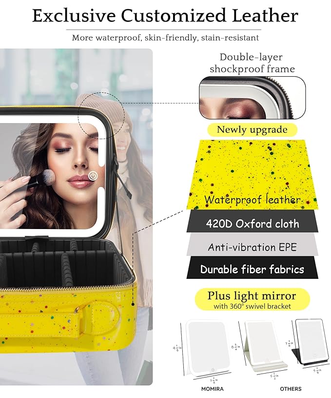 MOMIRA Travel Makeup Bag Cosmetic Bag with Lighted Mirror, Adjustable Brightness in 3 Color Scenarios/Detachable makeup mirror, 2024-All-round Upgrade, Waterproof, Gift for Women -Glett Yellow