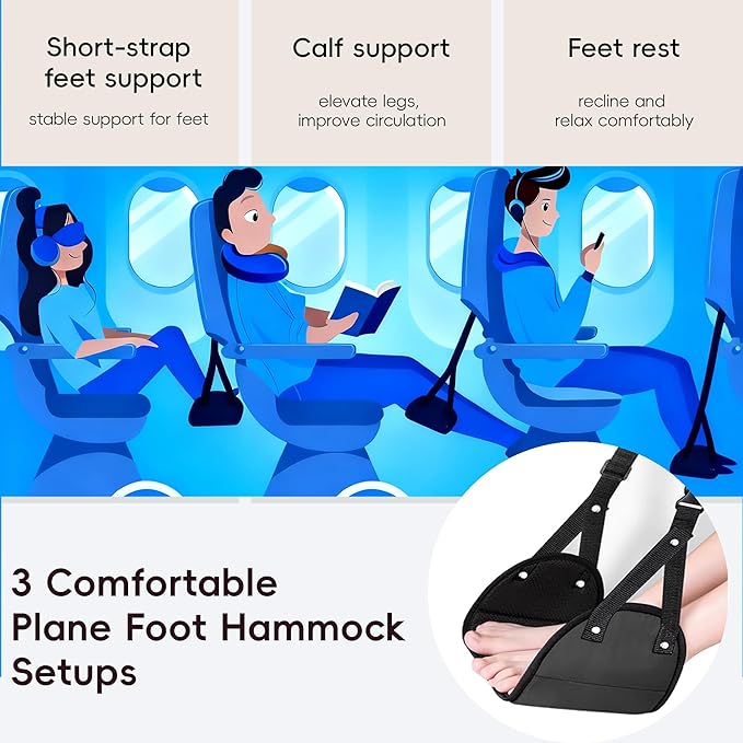 Foot Hammock for Plane Travel, Airplane Foot Hammock, Adjustable Foot Rest Sling with Memory Foam, Airplane Gadgets Travel Essentials for Long Time Flight (Black+Navy)