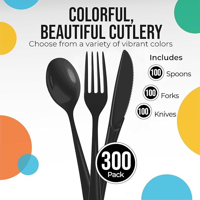 Black Plastic Silverware Heavy Duty 300 Pieces Black Disposable Silverware Heavy Duty, Utensil Sets, 100 Of Each Forks, Knives & Spoons Disposable Cutlery Set For Party Supplies