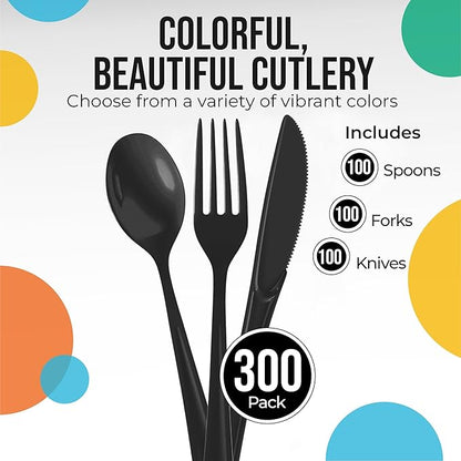 Black Plastic Silverware Heavy Duty 300 Pieces Black Disposable Silverware Heavy Duty, Utensil Sets, 100 Of Each Forks, Knives & Spoons Disposable Cutlery Set For Party Supplies