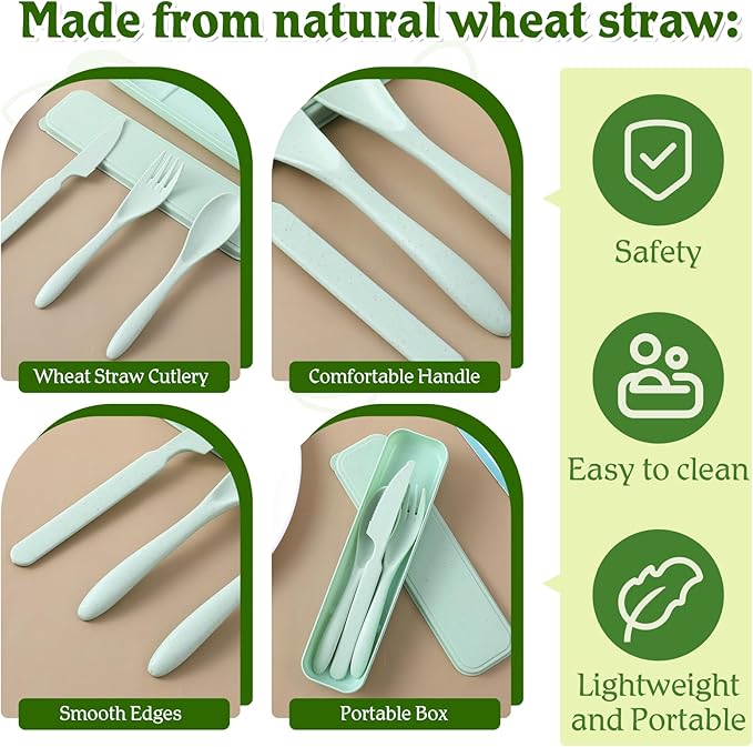 32 Sets Reusable Travel Utensils Set with Case, Portable Natural Wheat Straw Fork Spoons Knife Camping Cutlery, Lunch Box Tableware for Travel Picnic Camping Utensils, 8 colors