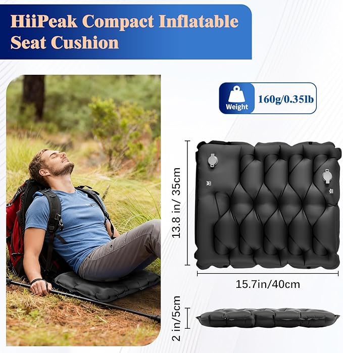 HiiPeak Inflatable Stadium Seat Cushion, Compact Hand Press Stadium Seats Pad Bleacher Seat Chair Cushion Pad for Airplane Travel Camping Backpacking Sports Events(Black)