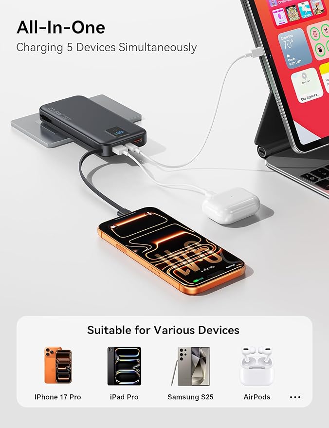 Portable Charger, 12000mAh 22.5W Fast Charging Power Bank with Built-in Cables & Wall Plug, Travel Essentials Battery Pack with LED Display, USB C External Battery Bank for iPhone iPad, Samsung Black