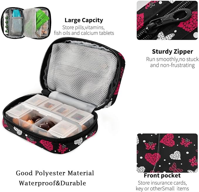 Fustylead Hearts and Butterflies Pill Organizer Case with Zipper 2 Times A Day for Vitamin and Supplement, 7 Day Travel Organizer Medicine Case