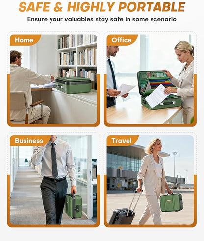 Fireproof Document Box, Hard Case Fireproof Document Organizer with Lock, Water Resistant Safe Box for Important Documents Certificates Laptop Passports, Green