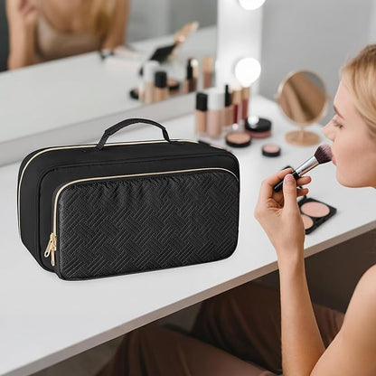 Fasrom Travel Makeup Bag for Women, Large Capacity Cosmetic & Toiletry Organizer Case, Make Up Storage Bags with Handle, Portable Pouch for Travel Essentials, Black (Empty Bag Only)