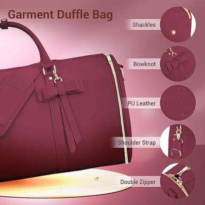 Garment Bags for Travel, Convertible Suit Travel Bag for Women, Stylish Carry On Garment Bag with Toiletry Pocket, Shoulder Strap and Shoes Compartment, 2 in 1 Foldable PU Leather Duffle Bag, Sangria