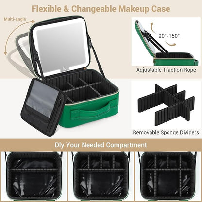 Travel Makeup Bag with Led Mirror Make up Case with Lighted Mirror Cosmetic Organizer bag with Adjustable Dividers and 5X Magnifying Mirror Makeup Box Vanity Case for Women