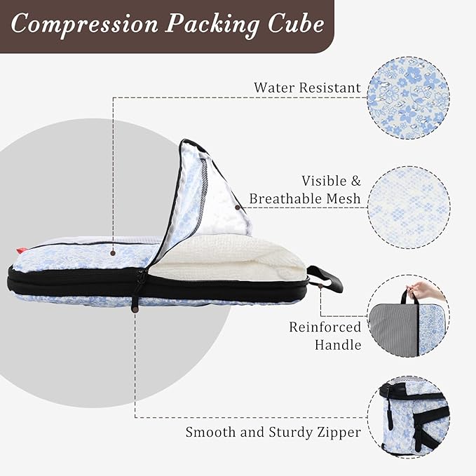 U+U 6 Set Compression Packing Cubes - Ultralight Travel Organizers with Laundry Bag, Space-Saving Suitcase Organizer for Travel, Business Trip and Family Vacation (Blue Flower)