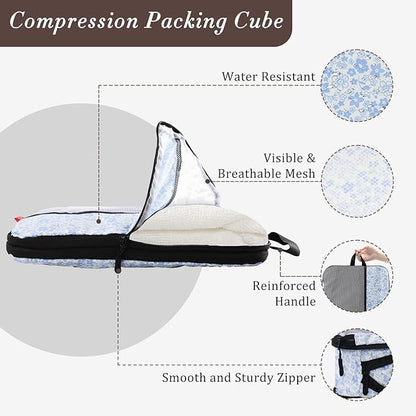 U+U 6 Set Compression Packing Cubes - Ultralight Travel Organizers with Laundry Bag, Space-Saving Suitcase Organizer for Travel, Business Trip and Family Vacation (Blue Flower)