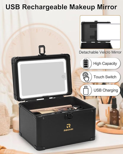 Relavel Makeup Bag with LED Mirror, Travel Cosmetic Train Case with 3 Colors Light up Mirror, Portable Makeup Aritst Storage Organizer Box with Brush Holder, Birthday Gifts for Women and Girls, Black