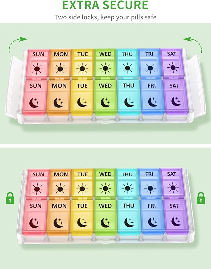 Weekly Pill Organizer 2 Times a Day Extra Large 7 Day Easy Fill Quick Fill Portable Fullicon AM PM Pill Box for Supplement, vitamine, and Medicine - (Patent Registered)