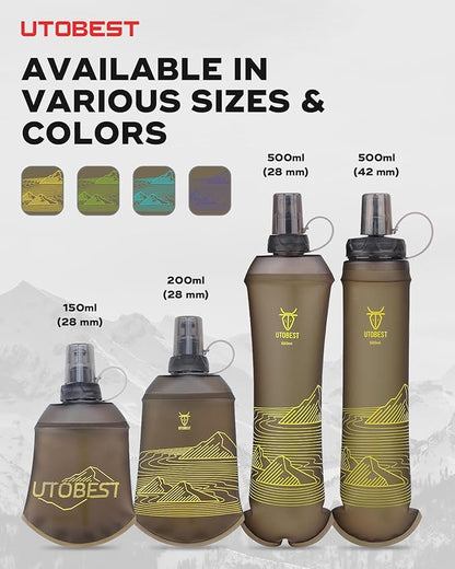 200ml Soft Flask, 2 Pack Flexible TPU Hydration Water Bottle, Collapsible with 28mm Caliber for Running, Hiking, Cycling, Climbing, and Marathon Yellow