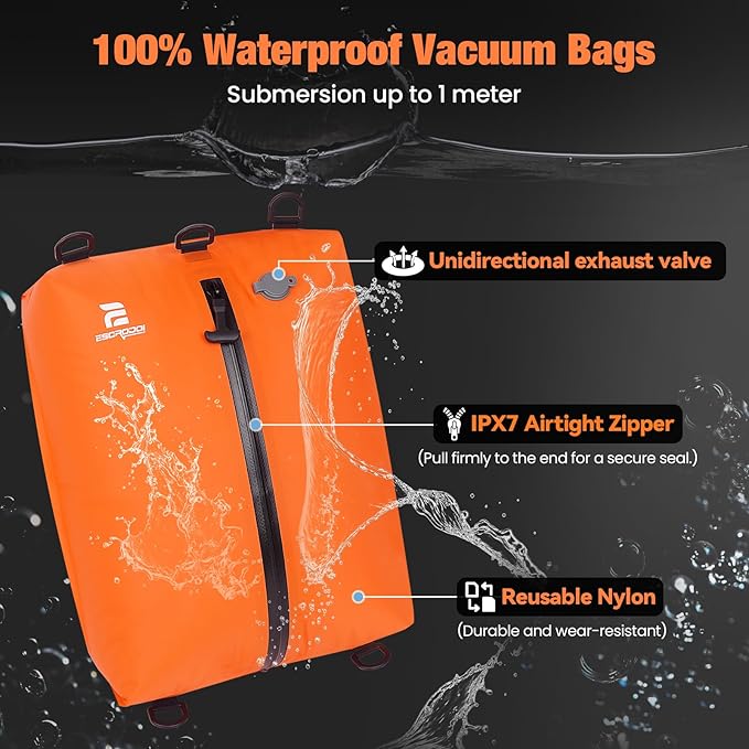 3 Pack Vacuum Bags for Travel with Pump, 3-Size Set Reusable Vacuum Compression Bags for Luggage, Space Saver IP67 Waterproof Vacuum Packing Cubes for Suitcase&Backpack, Orange