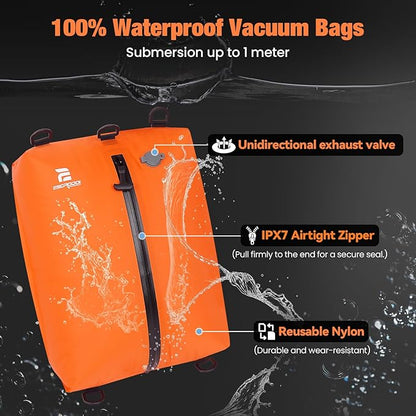 3 Pack Vacuum Bags for Travel with Pump, 3-Size Set Reusable Vacuum Compression Bags for Luggage, Space Saver IP67 Waterproof Vacuum Packing Cubes for Suitcase&Backpack, Orange