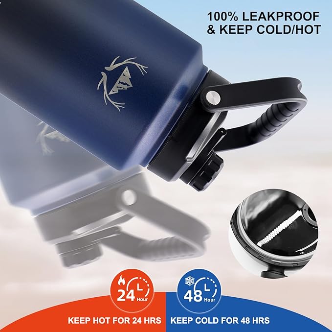 NATURE PIONEOR One Gallon Water Bottle Insulated - Large Double Vacuum Stainless Steel 128 oz Water Bottle with Holder/Carrier, 1 Gallon Water Jug,128oz, Wide Mouth