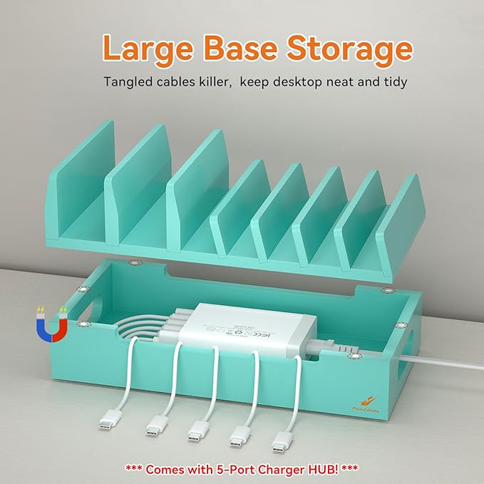 Pezin & Hulin Bamboo Charging Station with Watch Stand, Docking Holder for Multi Device with 5 Port USB Charger HUB, 5 Charge Cables, Desktop Electronic Organizer for Cellphone, Tablet, Watch-Teal