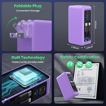 120W USB C Charger Block with 2 Built-in Retractable Cables,4-in-1 GaN IV Foldable Plug Wall Charger Fast Charging Station,PD 65W Laptop Adapter for MacBook/iPad,iPhone 17/16/15,Galaxy,Android-Purple