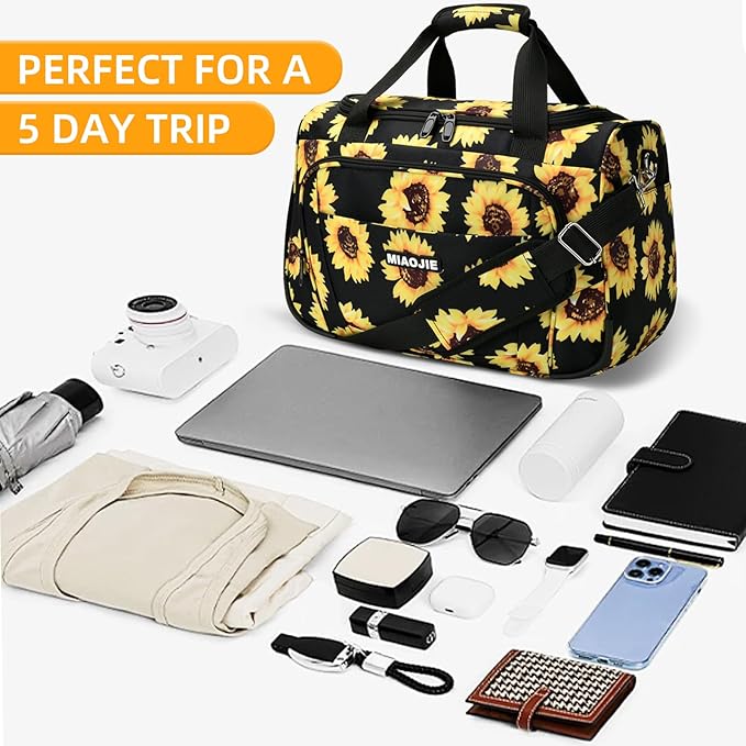 Underseat Carry On Luggage Lightweight Travel Tote Weekender Bag Overnight Duffle Bag for Travel, Travel Essentials Personal Item Travel Bag for Women and Men, Sunflower-16Inch