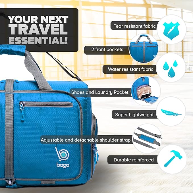 Bago Foldable Duffel Bags for Traveling Women & Men - 40L Sports Packable Duffle Bag for Travel with Shoe Compartment - Water Repellant, Heavy Duty, Lightweight Folding & Collapsible (Blue)