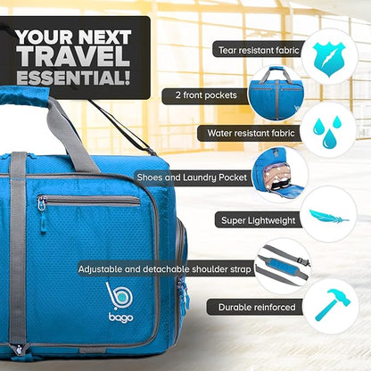 Bago Foldable Duffel Bags for Traveling Women & Men - 40L Sports Packable Duffle Bag for Travel with Shoe Compartment - Water Repellant, Heavy Duty, Lightweight Folding & Collapsible (Blue)