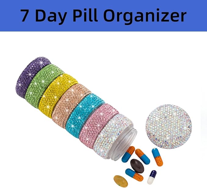 Pill Organizer Travel Medicine Supplement Organizer Weekly Pill Box 7 Day Daily Vitamin Cases Portable Stackable Pill Caddy for Women(Rainbow)
