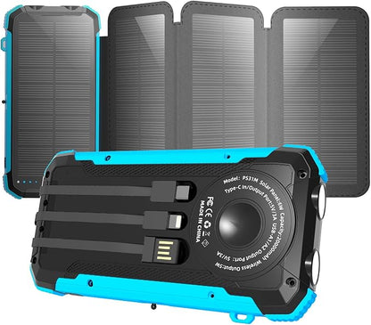 Solar Power Bank 20000mAh Portable Wireless Charger 15W USB-C Fast Charging External Battery Pack Compatible with iPhone, iPad, Samsung More, Dual LED Flashlights Perfect for Camping, Hiking, Outdoor