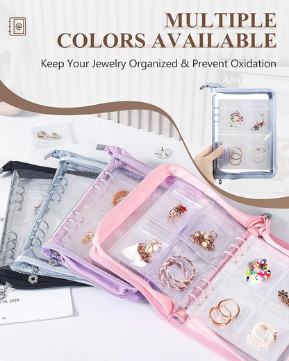 AOLEIXIYA Jewelry Organizer Book Clear Travel earring book organizer Transparent Jewelry Book with Zipper Pouch Bags (Light blue,With 80 PCS Small Jewelry Bags)