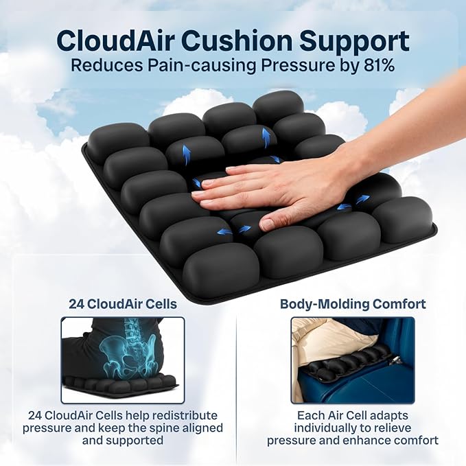 Travel Cushion – CloudAir Technology Airplane Seat Cushion – Inflatable Travel Pillow for Long Flights – Portable Air Cell Design, Puncture-Resistant Waterproof Pad – Black