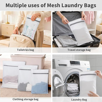 Laundry Bag Backpack with 3 Sizes Mesh Wash Bags and Shoulder Straps Foldable Clothes Hamper Bag with Drawstring Closure for College, Apartment, Laundromat (White)