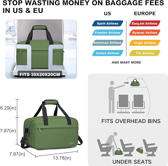 Kono Travel Duffel Bag 14L Under Seat Carry-on Bag Sports Tote Gym Bag Weekender Overnight Bags 13.78"x7.87"x7.87" Green