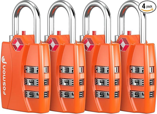 Fosmon TSA Accepted Luggage Locks (Orange - 4 Packs), Open Alert Indicator 3 Digit Combination Padlock Codes for Travel Bag, Suit Case, Lockers