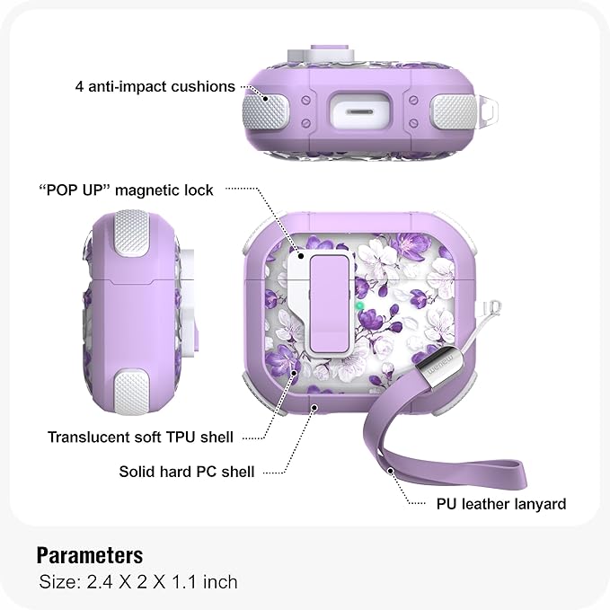 WENEW Case for AirPods 3 Case Cover Secure Lock Automatic Snap Switch Clip Cleaner Kit Lanyard Women Stylish Flower Armour Hard Shell Full Body Front LED Visible (Purple Flower, AirPods 3rd)