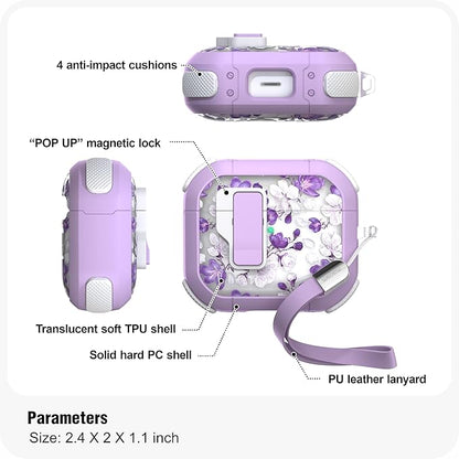 WENEW Case for AirPods 3 Case Cover Secure Lock Automatic Snap Switch Clip Cleaner Kit Lanyard Women Stylish Flower Armour Hard Shell Full Body Front LED Visible (Purple Flower, AirPods 3rd)