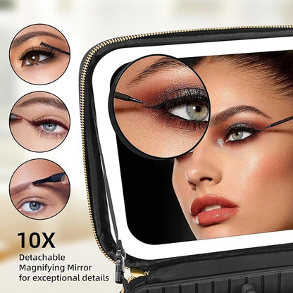 Makeup Bag with Mirror and Light 3 Colors, Travel Make up Bag with Mirror Portable Lighted Makeup Case Organizer Cosmetic Case with 2-Layers Adjustable Dividers & 10X Magnifying Mirror(Black)